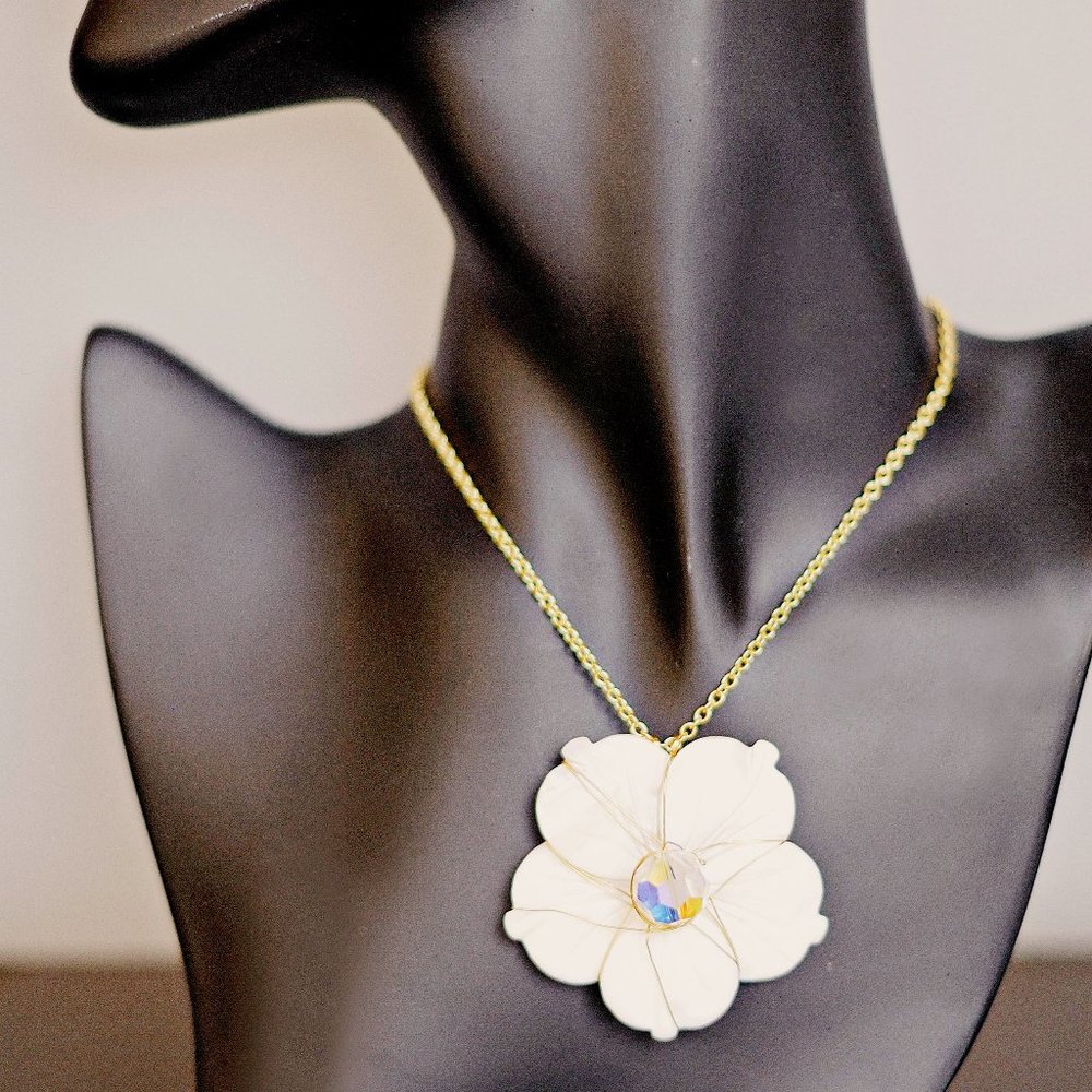 From An Angel’s Garden - White Shell and Crystal Wedding 14K Gold Necklace